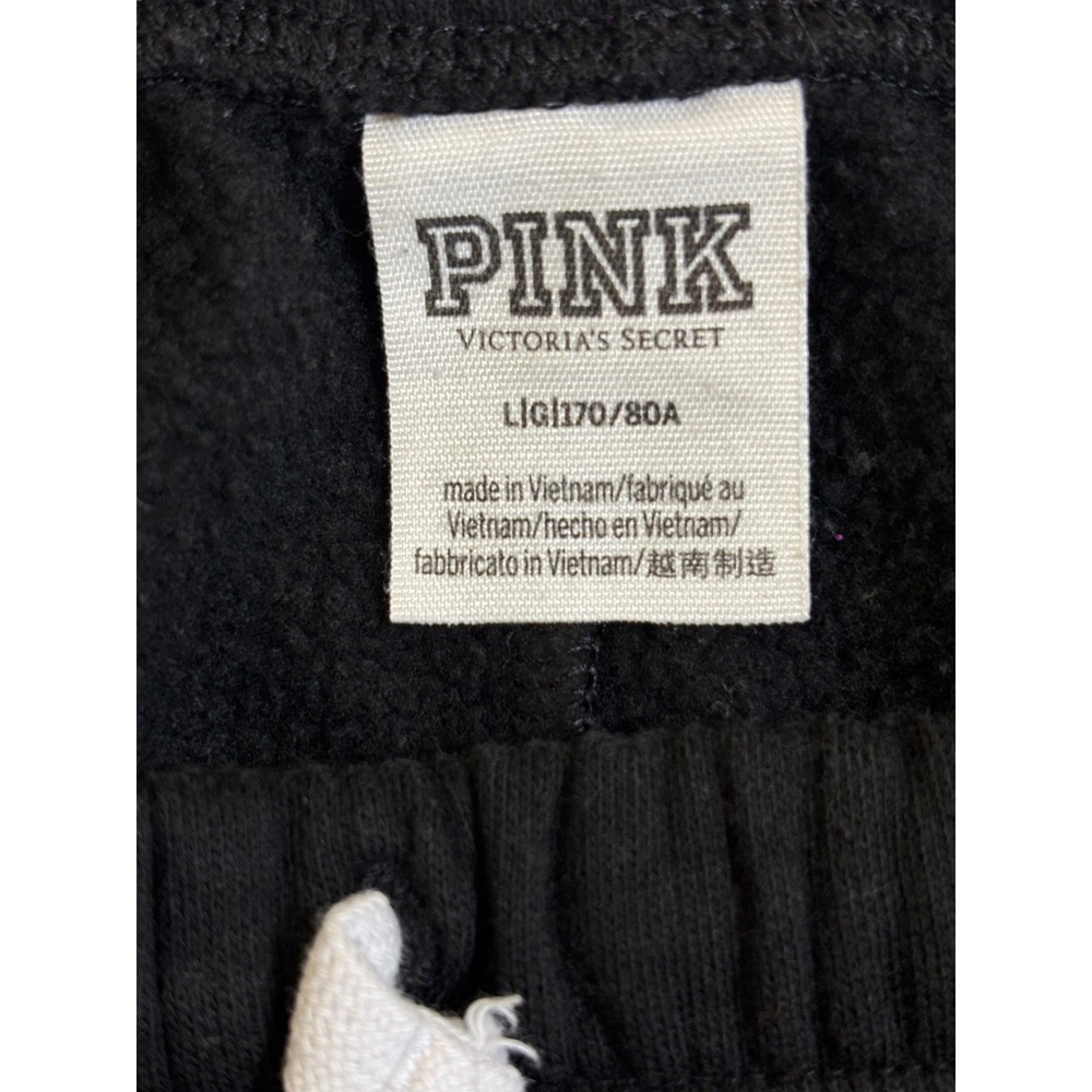 Pink Victoria's Secret Black Fleece Lounge Shorts Raw Hem Blue Dog Logo Large - Picture 3 of 4